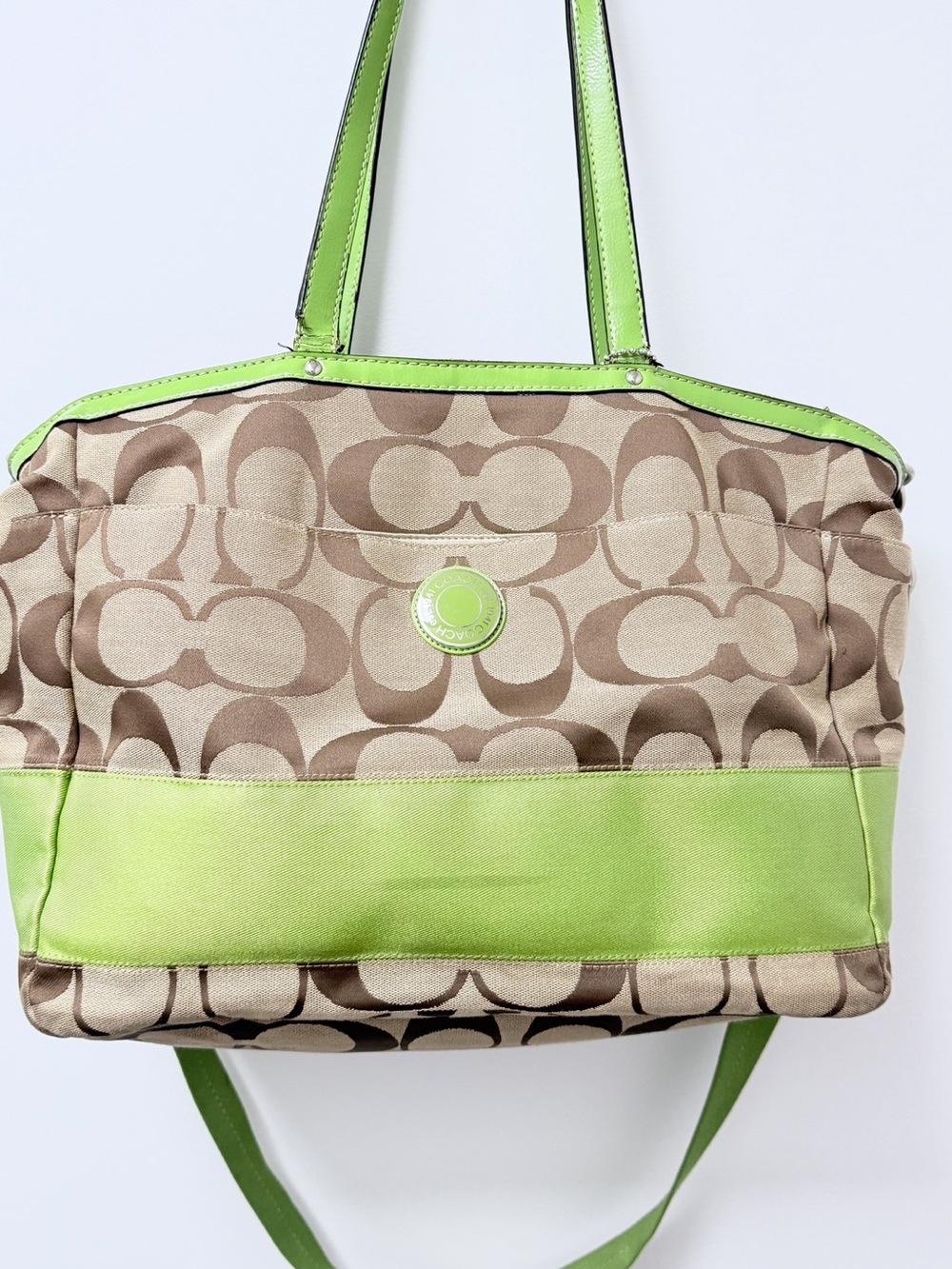 Coach Beige Signature Tote with Lime Trim